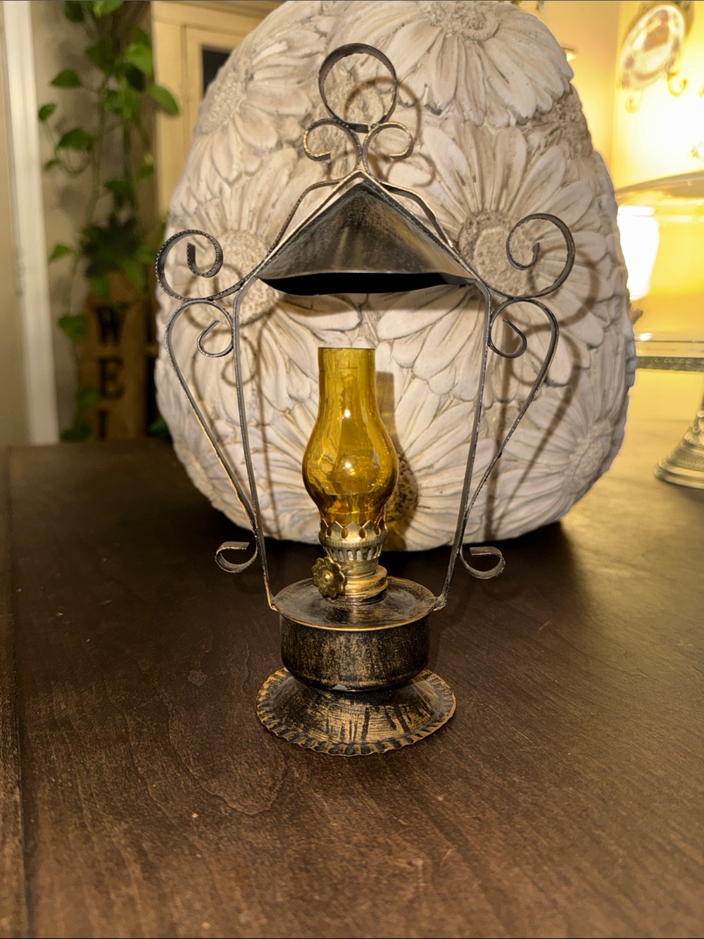 Antique-Style Metal Lantern with Amber Glass Chimney
